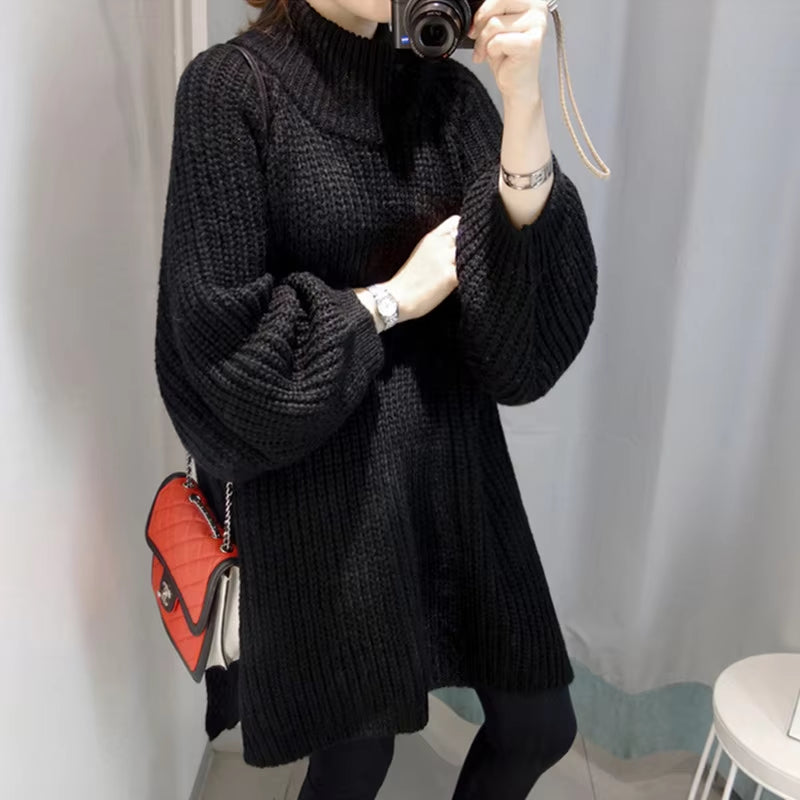 Autumn Winter Thick Long Sweater Women Lantern Sleeve Side Slit Half Turtleneck Sweaters Pullovers Oversized Pull Hiver Femme